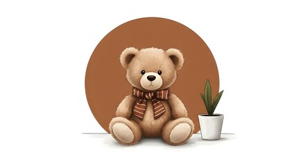 A cute teddy bear sitting next to a small potted cactus plant on a brown background
