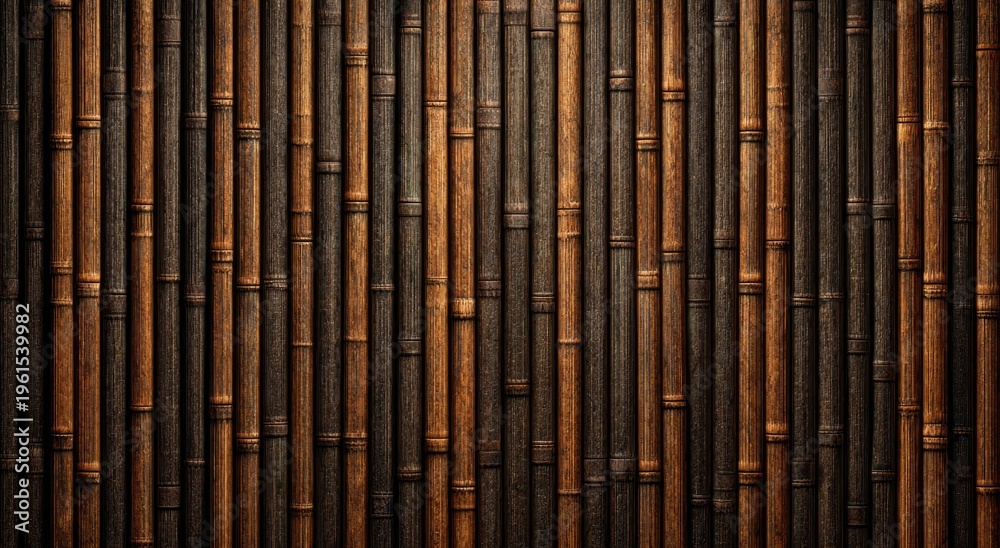 Fototapeta premium Dark, rustic bamboo wall panels with a vertical, textured pattern