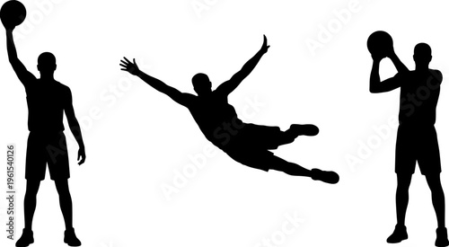 Silhouette of basketball player dribbling shooting and jumping action poses isolated on white background sport activity and athletic performance concept