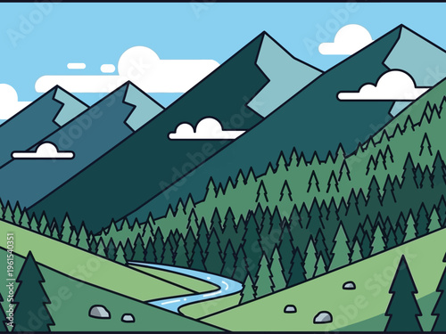 Mountain Landscape with Forest and River.