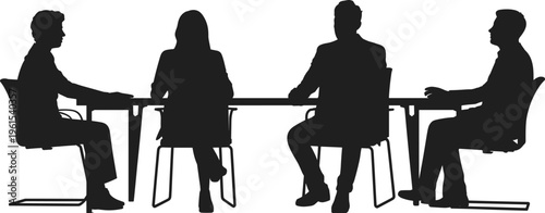 Silhouette of business people meeting at table, corporate discussion team working together in office environment isolated on white background, flat vector illustration