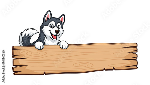 Friendly husky puppy peeking over the top of a rustic wooden sign with space for custom text or messages.