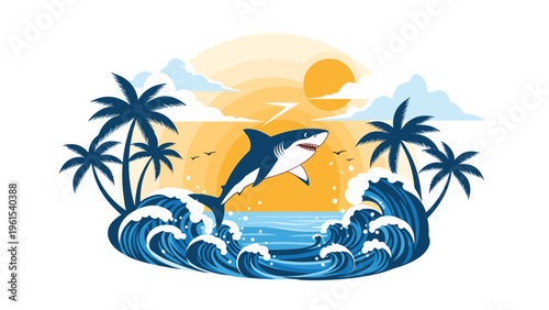Powerful shark leaping through ocean waves during a beautiful tropical sunset surrounded by palm trees.