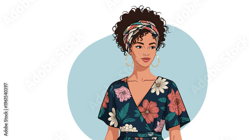 Portrait of an attractive woman with curly hair wearing a colorful floral dress and a stylish headband.