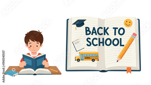 Young student reading a book while sitting at a desk next to a large open notebook with back to school icons and a pencil.