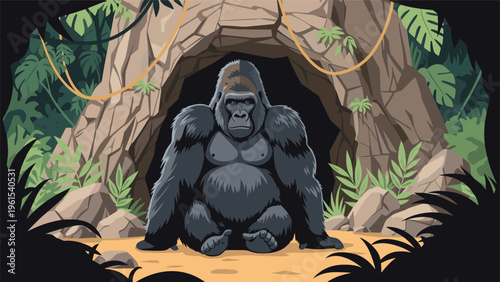 Powerful large silverback gorilla sitting calmly at the entrance of a stone cave surrounded by dense tropical jungle foliage.