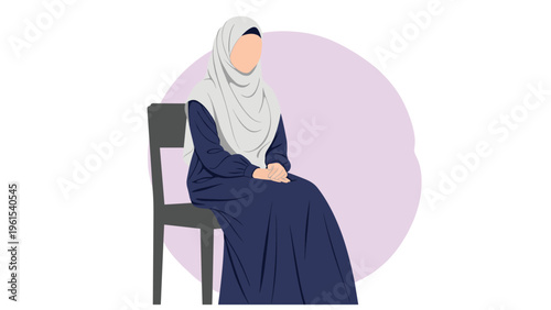 Elegant woman wearing a traditional navy blue dress and a grey hijab sitting gracefully on a chair against a soft purple background.