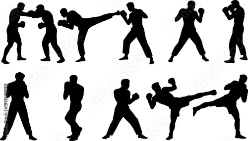 Silhouette of boxing and martial arts fighters in combat poses, punching and kicking action isolated on white background, flat vector illustration