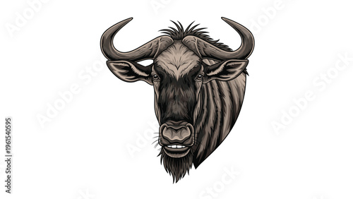 Detailed front facing portrait of a wildebeest head with its characteristic horns and beard on a clean white background.