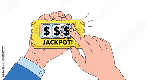 Person scratching off lottery ticket with jackpot prize money, winning big, cartoon style, hand holding ticket, excitement and luck concept, finance and gaming april, fool, april fool