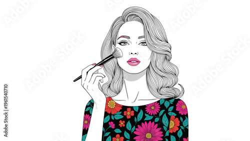 Stylish blonde woman with pink lips applying makeup with a brush wearing a colorful floral print dress on a white background.