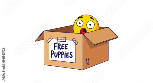 Cartoon puppy peeking out of a cardboard box with a sign saying free puppies, humorous and playful scene, simple vector graphics, comedic context, surprise expression april, fool, april fool