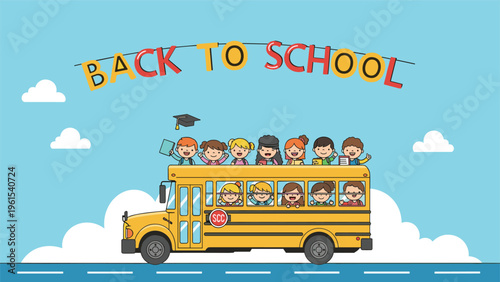 Happy group of diverse school children waving and smiling from the windows of a classic yellow school bus on a bright sunny day.