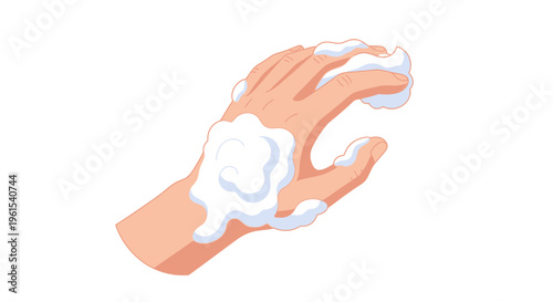 Flat design human hand with soap suds, palm up, hygiene and cleanliness concept, minimalistic cartoon style, wash, cleanliness routine, handwashing april, fool, april fool
