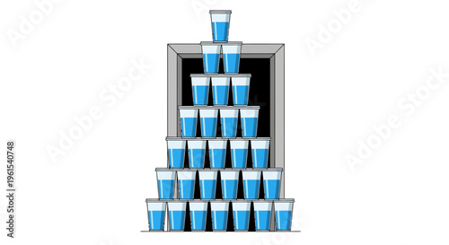 Blue and white stacked plastic cups pyramid coming out of a gray box on a white background in a minimalistic flat design style april, fool, april fool