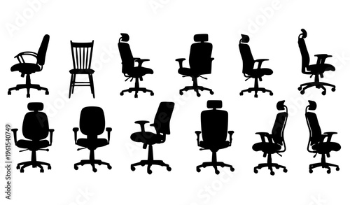 Office chair silhouette collection with classic and modern desk seating icons in detailed vector style