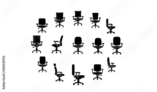 Modern office chair icon collection in geometric flat style with ergonomic seating symbols vector