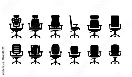 Office chair silhouette icon set with ergonomic executive and task chairs in clean minimal vector style