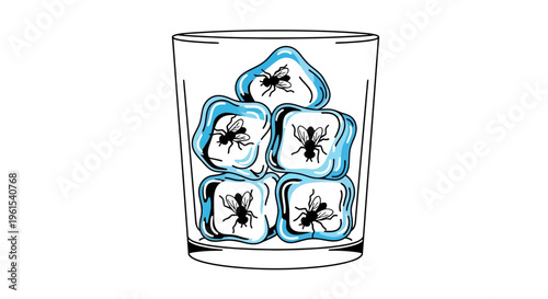 Four black flies trapped inside a clear drinking glass with blue outlines, cartoon style, isolated on white background, humorous concept of insects in a confined space april, fool, april foo