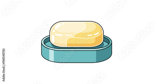 A cartoon-style, minimalist soap bar sitting on a teal soap dish, with shiny surface, on a clean white background, simple flat design, hygienic product, bathroom essential april, fool, april