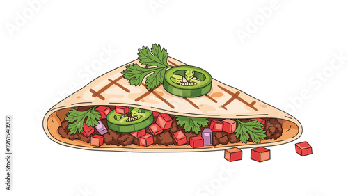 Delicious grilled quesadilla filled with seasoned meat, tomatoes, onions, cilantro, and topped with fresh jalapeno slices.