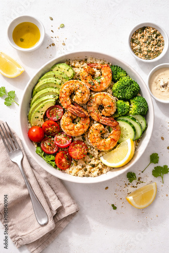 Healthy Shrimp Bowl Top View with Fresh Vegetables, Clean Eating High Protein Meal on White Background