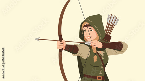 Skilled female archer in green hooded tunic and leather gear aiming a bow and arrow with a quiver of arrows.