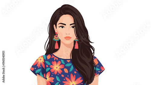 Beautiful woman with long dark hair wearing a navy blue floral top and large colorful tassel drop earrings.