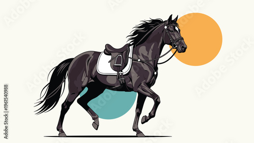 Majestic black horse in full riding tack galloping across a background featuring large colorful abstract circles.