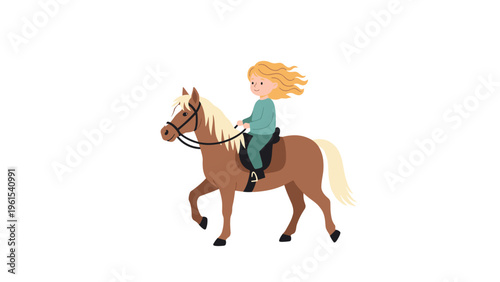 Young blonde girl riding a brown pony with a light mane through a white empty space with a happy expression.