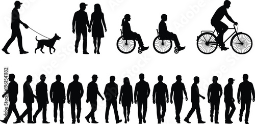 Diverse people silhouettes walking, cycling, wheelchair users and dog walking isolated on white background, lifestyle, mobility, inclusivity concept