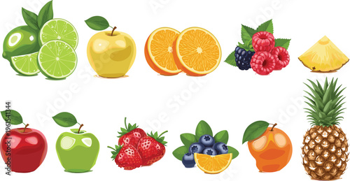 Colorful assortment of fresh tropical and seasonal fruits including apples, oranges, berries, lime, peach, and pineapple isolated on clean white background for healthy food concepts