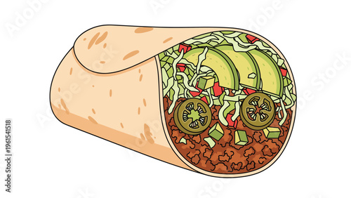 Delicious burrito wrap filled with seasoned meat, fresh avocado slices, jalapenos, and melted cheese.