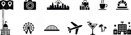 Travel tourism icons collection, city landmark and vacation symbols set, airplane hotel coffee map illustration, isolated vector journey destination design