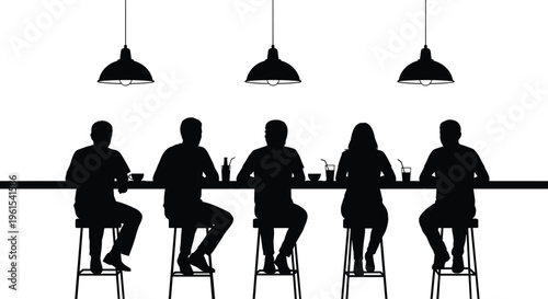 Group of people silhouettes sitting at bar or cafe counter isolated on white background, social gathering and lifestyle concept