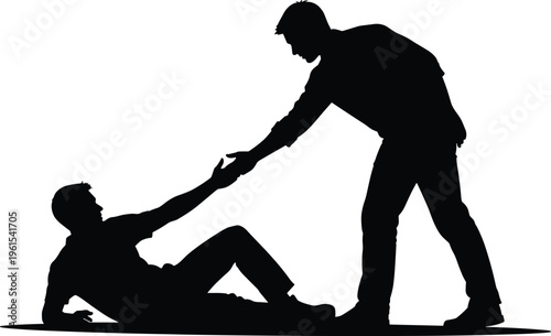 Helping hand silhouettes, man assisting another person to stand up, support teamwork and kindness concept isolated on white background