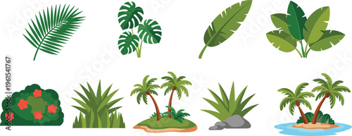 Tropical plants icons set, palm leaves monstera bushes island greenery vector illustration collection exotic nature design elements
