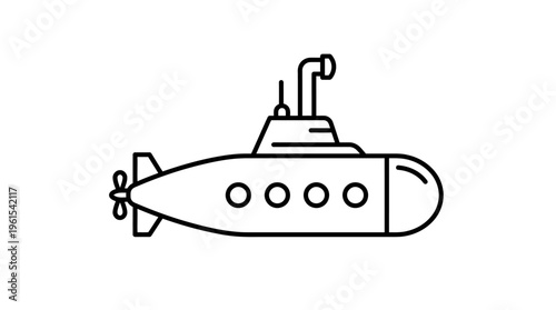 Black Line Art Icon of a Modern Submarine with a Periscope and Portholes, on a White Background