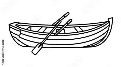 Outline Drawing of a Classic Rowboat with Oars on an Isolated White Background
