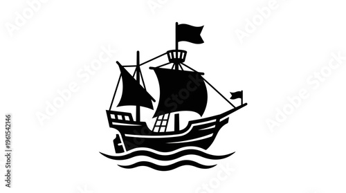 Outline Drawing of a Historical Sailing Ship with a Flag on an Isolated White Background