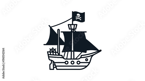 Black Line Art Icon of a Classic Pirate Ship with a Skull and Crossbones Flag, on a White Background