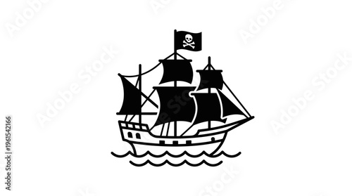 Outline Drawing of a Pirate Ship with Skull and Crossbones Flag on an Isolated White Background