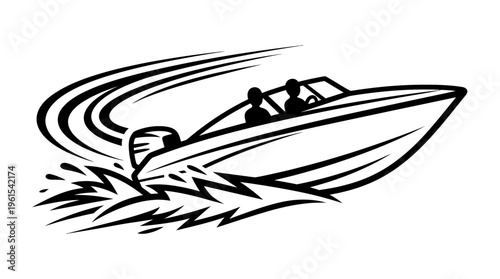 Stylized Black and White Drawing of a Speeding Motorboat with Two People Creating Waves on an Isolated White Background
