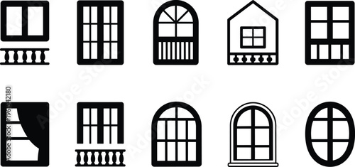 window architecture icon set, house facade collection, classic modern window styles balcony curtain frame vector black silhouette minimal design