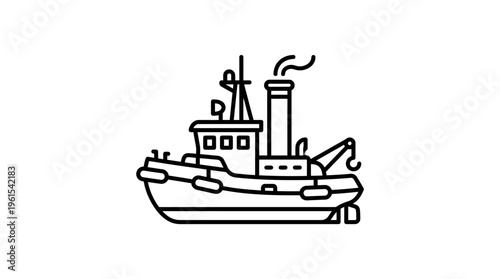 Outline Drawing of a Fishing Boat or Small Commercial Vessel on an Isolated White Background