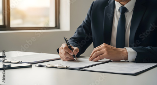 A businessman in a suit sitting at a desk writing on documents indoors