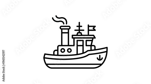 Black Line Art Icon of a Small Tugboat or Cargo Ship with a Smoke Stack, on a White Background