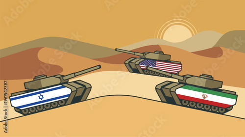 Conceptual Illustration of Geopolitical Military Tensions Involving Israel, Iran, and the US