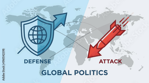 Conceptual Infographic of Global Politics: Defense vs. Attack