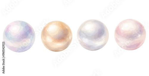Watercolor pearl set illustration with iridescent pastel round gemstones isolated on white background.